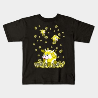 lucky yellow bubble cow with gold coins Kids T-Shirt